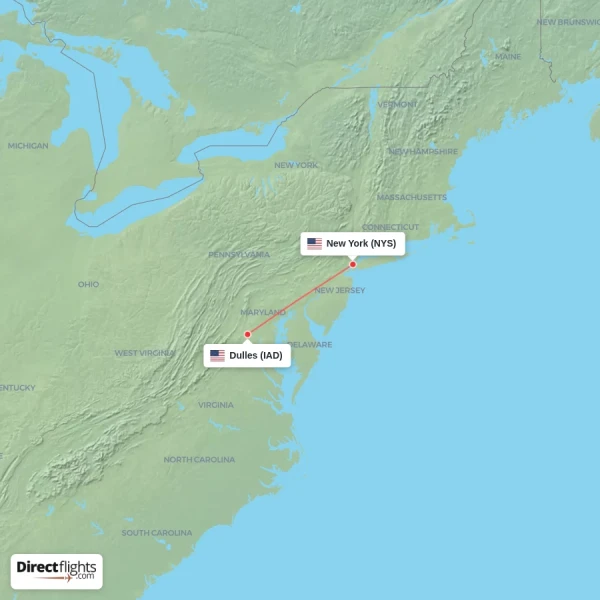 New York - Dulles direct flight map