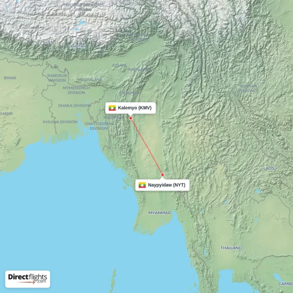 Naypyidaw - Kalemyo direct flight map