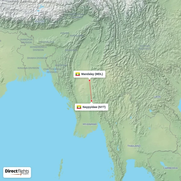 Naypyidaw - Mandalay direct flight map