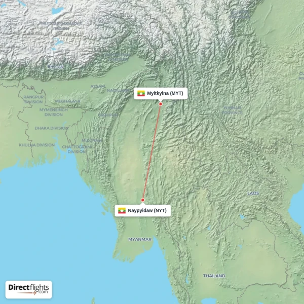 Naypyidaw - Myitkyina direct flight map
