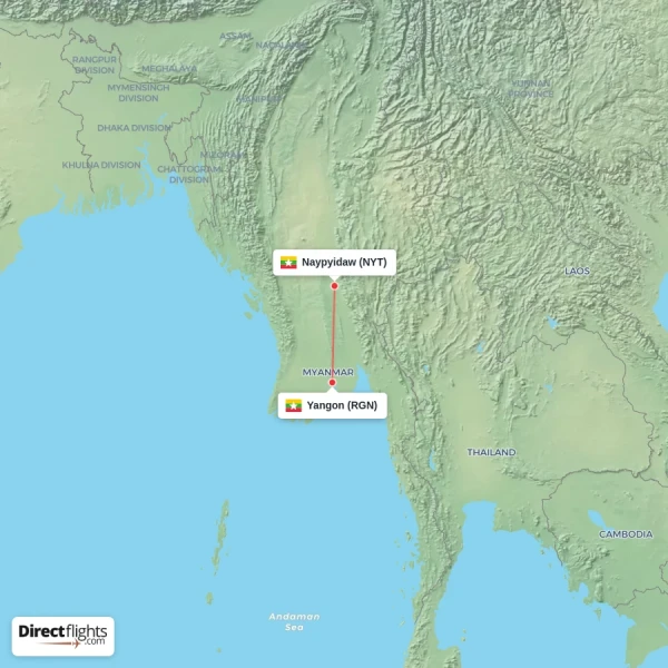 Naypyidaw - Yangon direct flight map