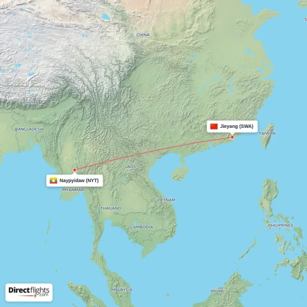 Naypyidaw - Jieyang direct flight map