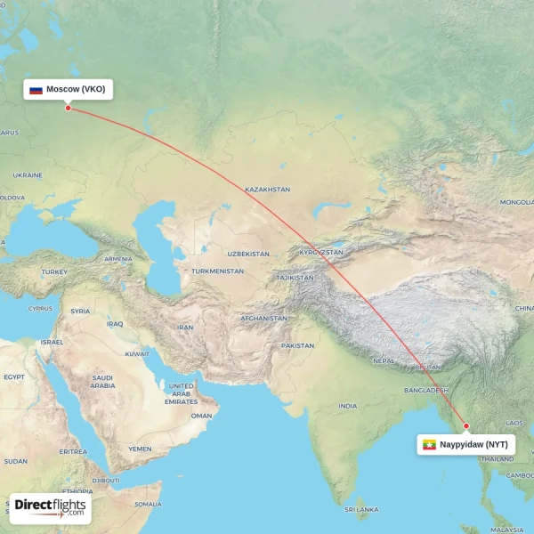 Naypyidaw - Moscow direct flight map