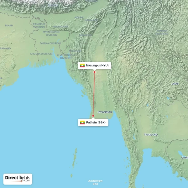 Nyaung-u - Pathein direct flight map