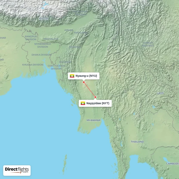 Nyaung-u - Naypyidaw direct flight map