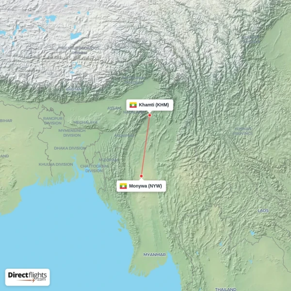 Monywa - Khamti direct flight map
