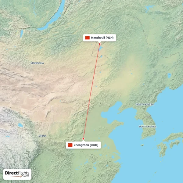 Manzhouli - Zhengzhou direct flight map