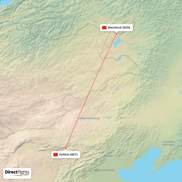 Manzhouli - Hohhot direct flight map