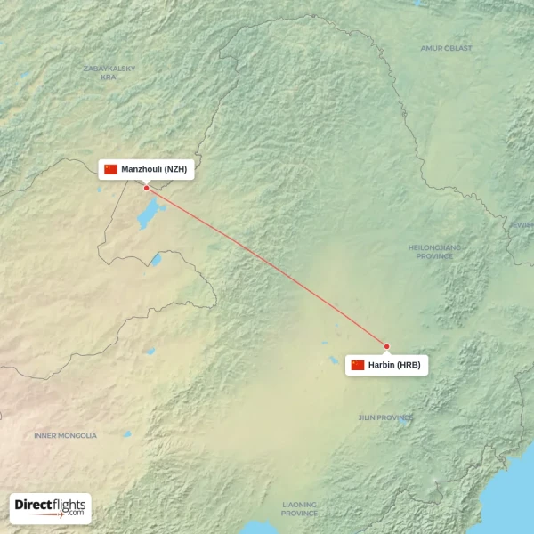 Manzhouli - Harbin direct flight map