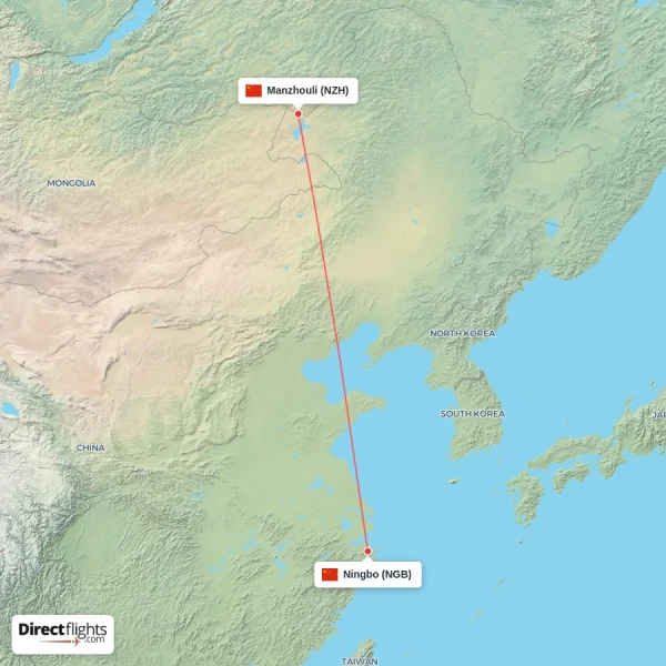 Manzhouli - Ningbo direct flight map