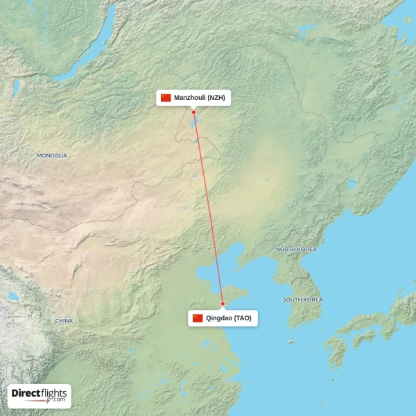 Manzhouli - Qingdao direct flight map