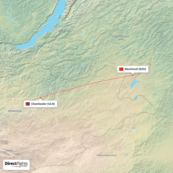 Manzhouli - Ulaanbaatar direct flight map