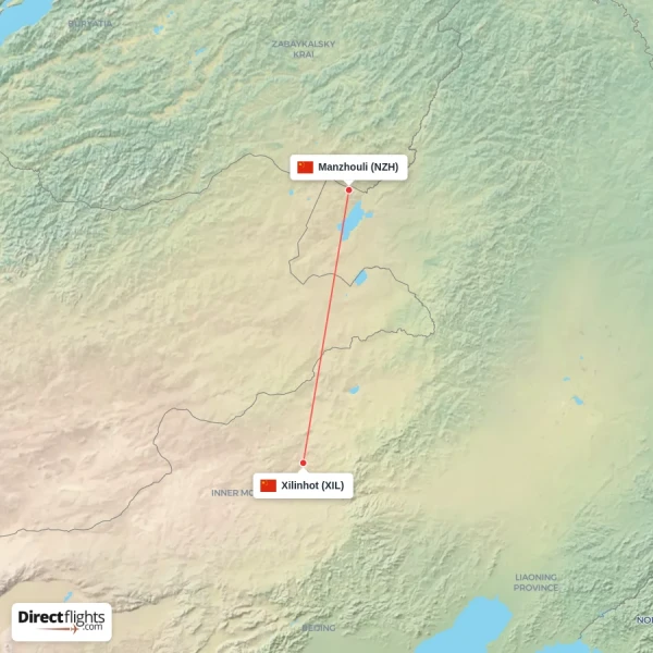 Manzhouli - Xilinhot direct flight map