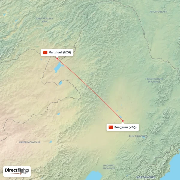 Manzhouli - Songyuan direct flight map