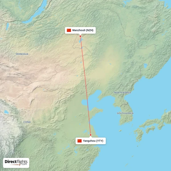 Manzhouli - Yangzhou direct flight map