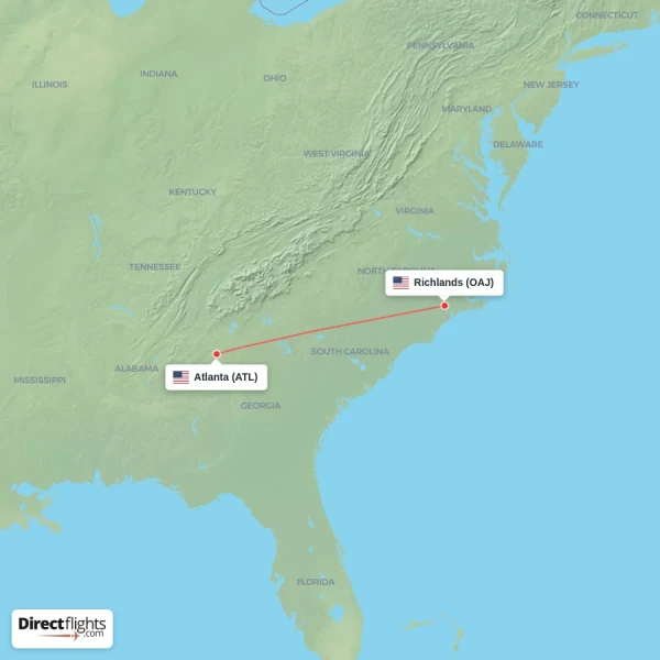 Richlands - Atlanta direct flight map
