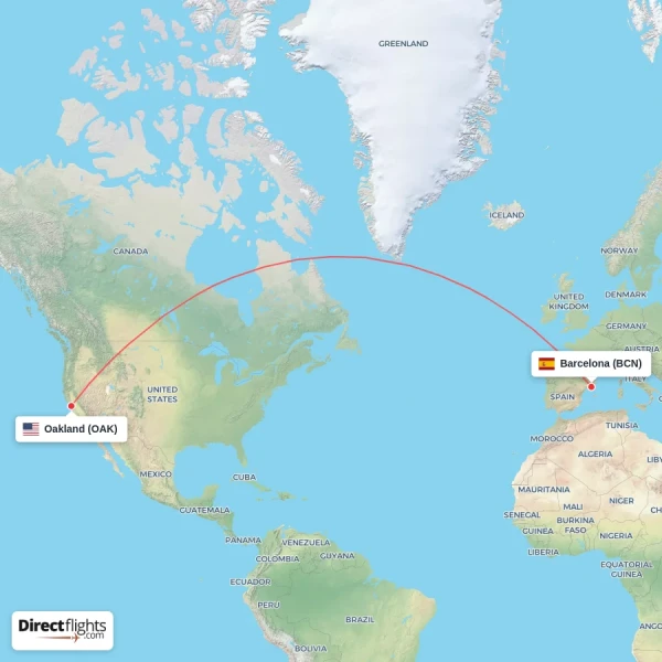 Oakland - Barcelona direct flight map