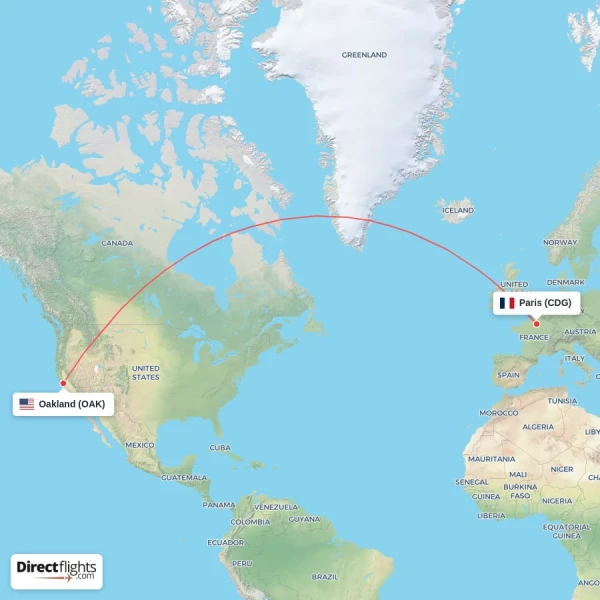 Oakland - Paris direct flight map