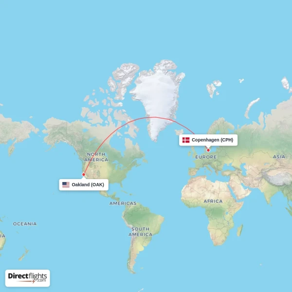Oakland - Copenhagen direct flight map