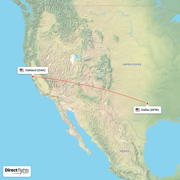 Oakland - Dallas direct flight map