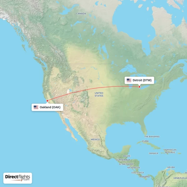 Oakland - Detroit direct flight map