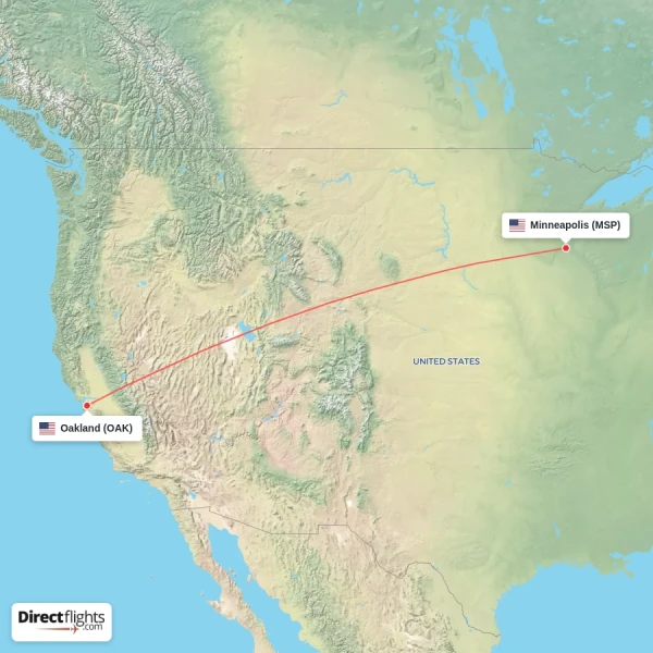 Oakland - Minneapolis direct flight map