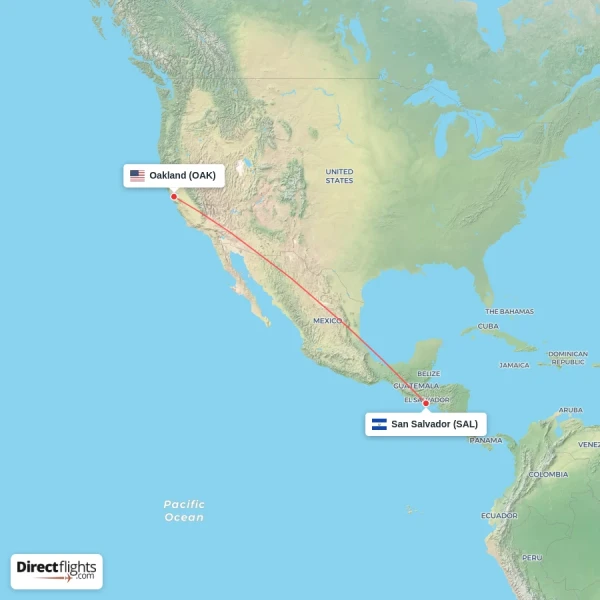 Oakland - San Salvador direct flight map