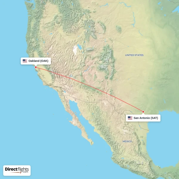 Oakland - San Antonio direct flight map