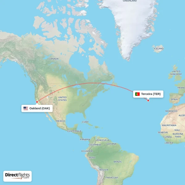 Oakland - Terceira direct flight map