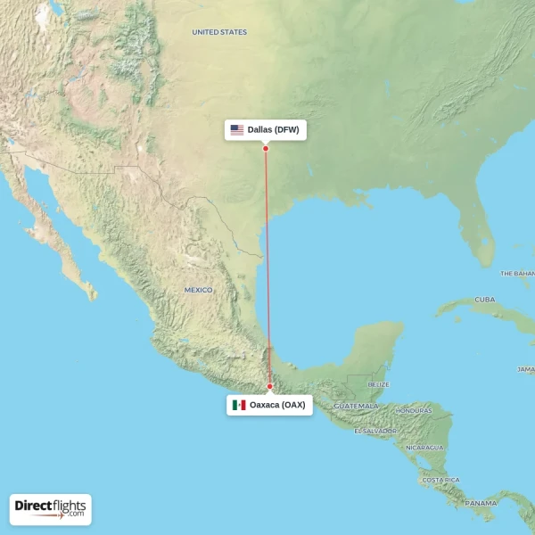 Oaxaca - Dallas direct flight map