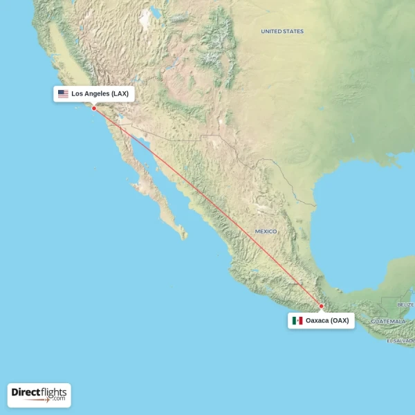 Oaxaca - Los Angeles direct flight map