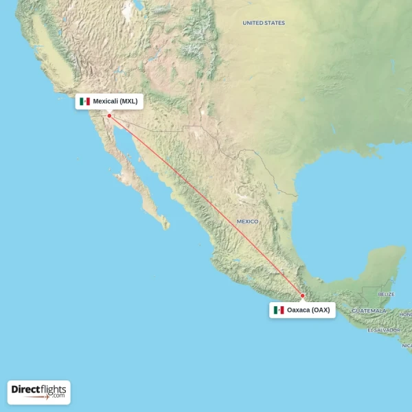 Oaxaca - Mexicali direct flight map