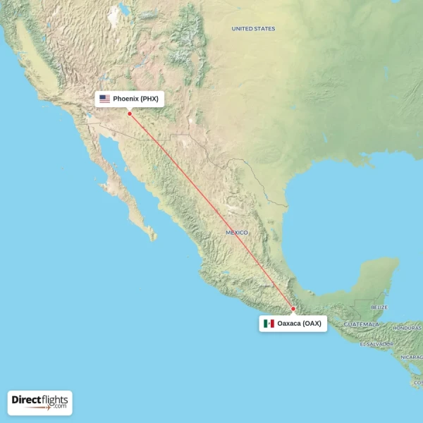Oaxaca - Phoenix direct flight map