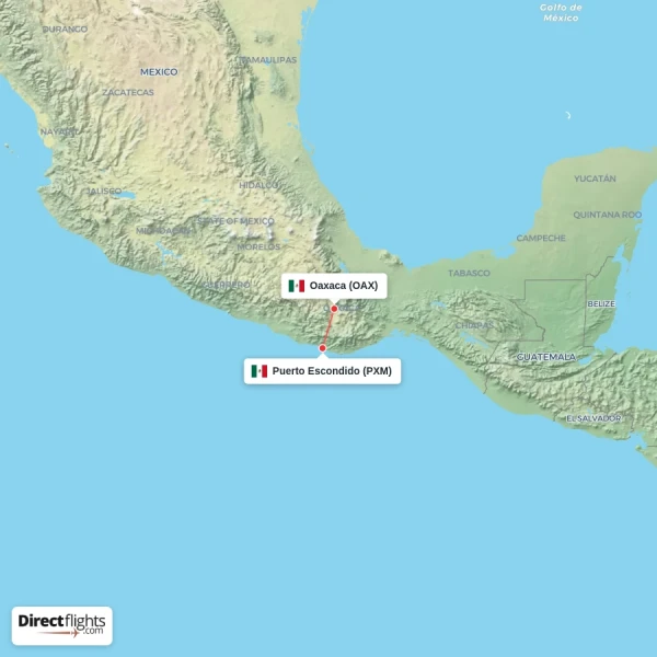 Oaxaca - Puerto Escondido direct flight map