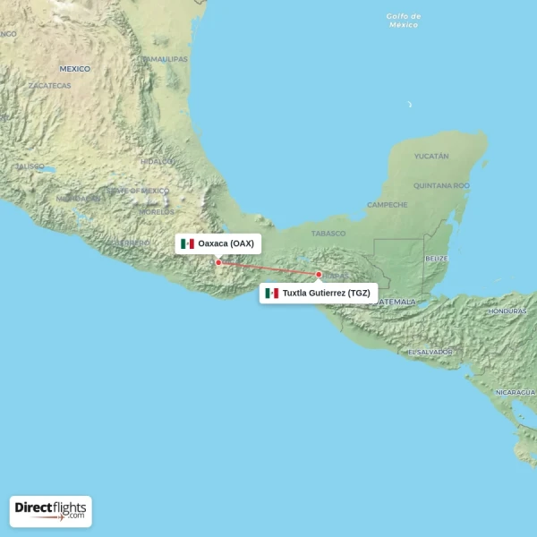 Oaxaca - Tuxtla Gutierrez direct flight map