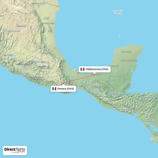 Oaxaca - Villahermosa direct flight map