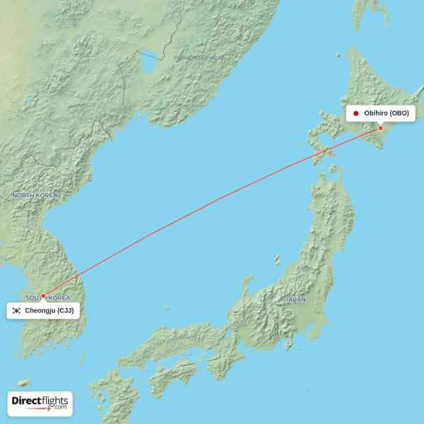 Obihiro - Cheongju direct flight map