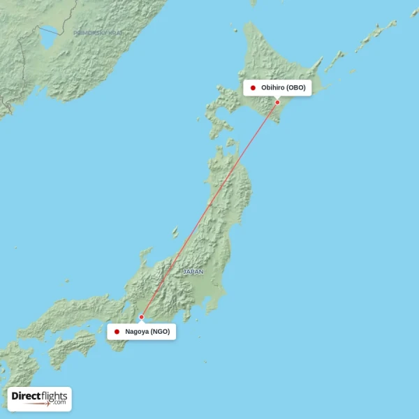 Obihiro - Nagoya direct flight map