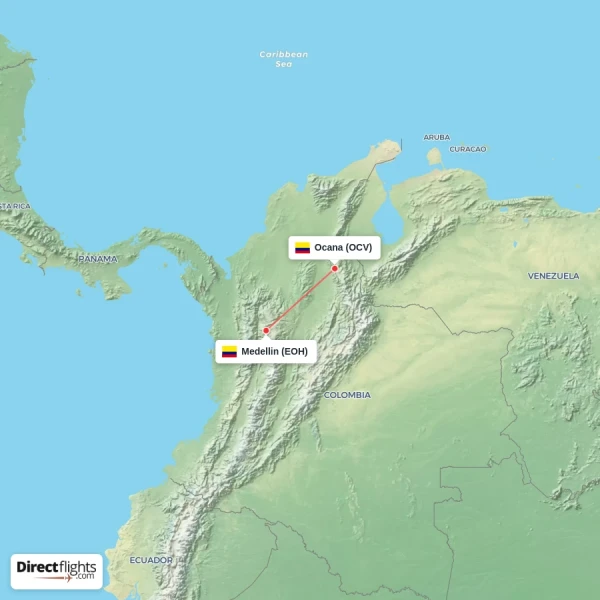 Ocana - Medellin direct flight map
