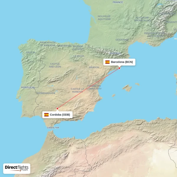 Cordoba - Barcelona direct flight map