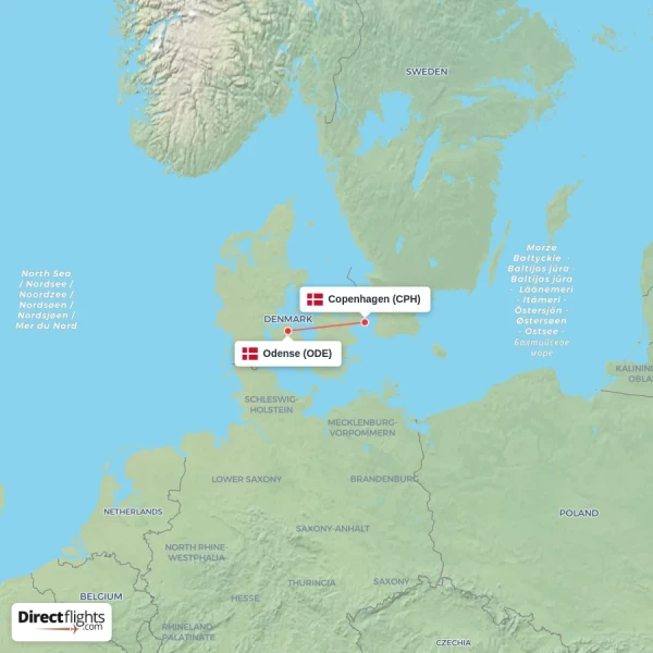 Odense - Copenhagen direct flight map