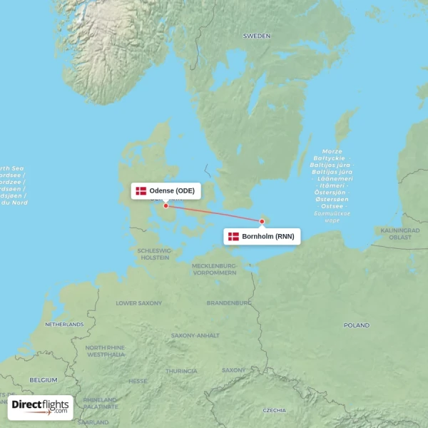 Odense - Bornholm direct flight map