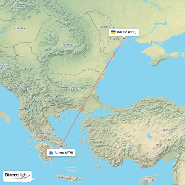 Odessa - Athens direct flight map