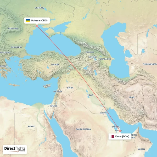 Odessa - Doha direct flight map