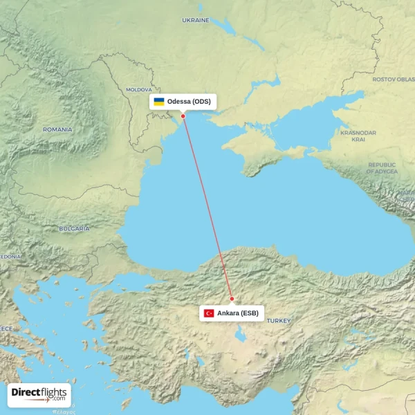 Odessa - Ankara direct flight map