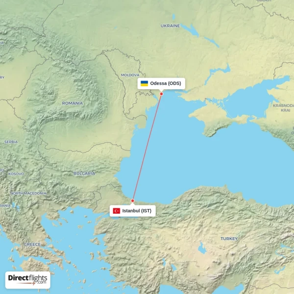 Odessa - Istanbul direct flight map