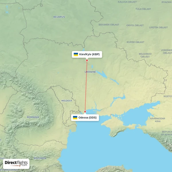 Odessa - Kiev/Kyiv direct flight map