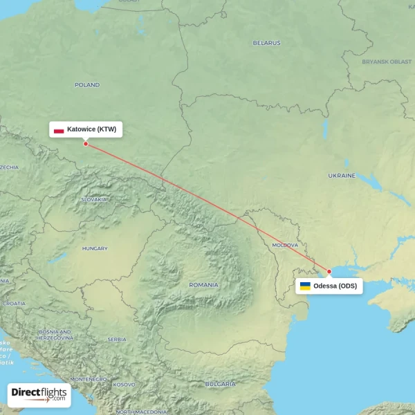 Odessa - Katowice direct flight map