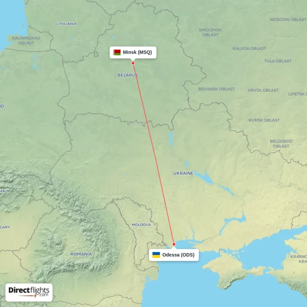 Odessa - Minsk direct flight map