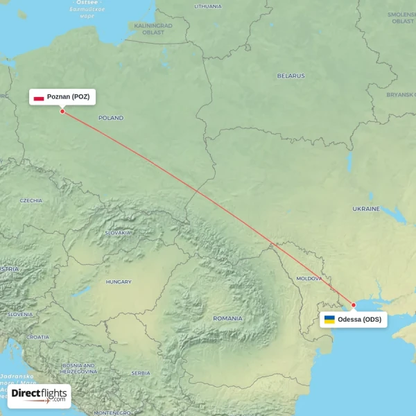 Odessa - Poznan direct flight map